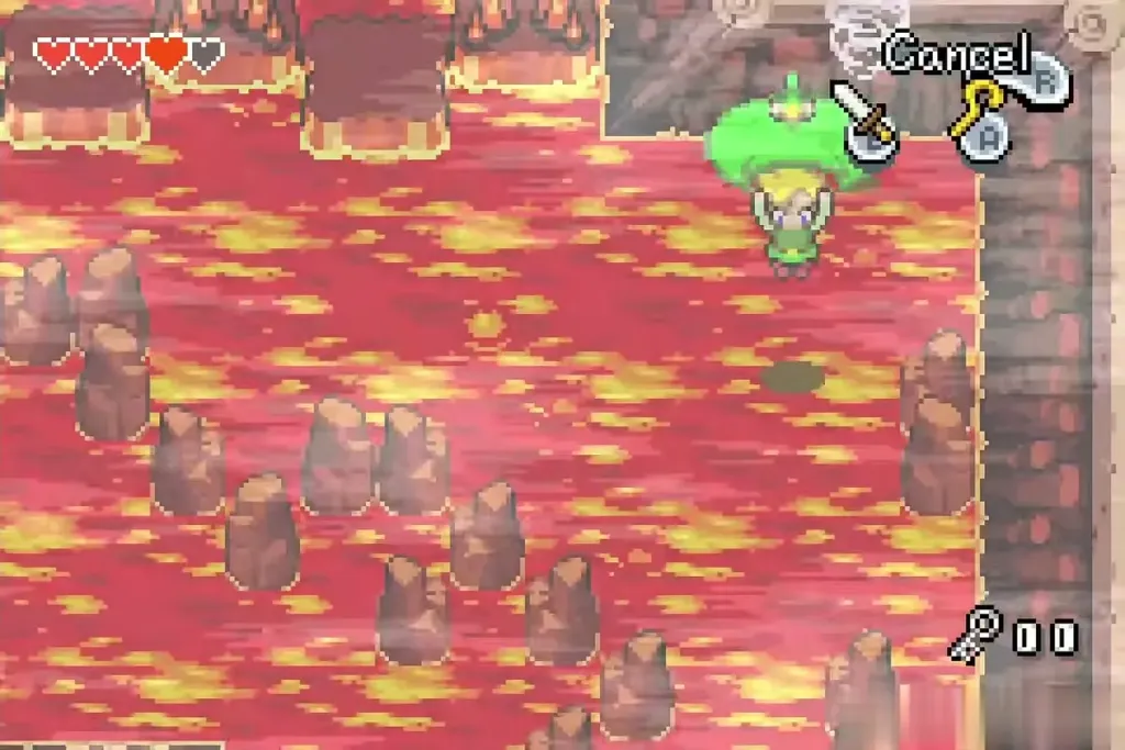 Link gliding on a whirlwind over the lava cavern after the Cane launch Link gliding on a whirlwind over the lava cavern after the Cane launch