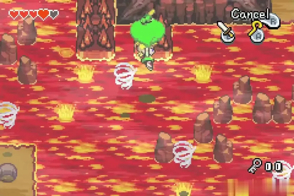 Link carried over the lava by a whirlwind toward the central platform Link carried over the lava by a whirlwind toward the central platform