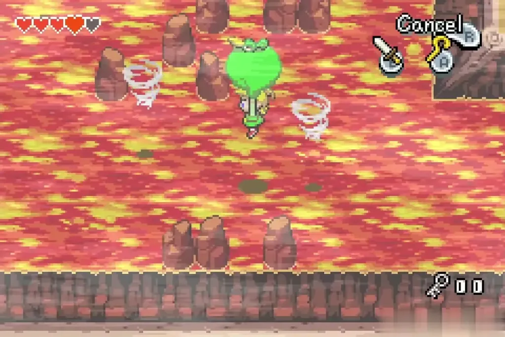 Link riding a whirlwind southwest across the lava past rock pillars Link riding a whirlwind southwest across the lava past rock pillars