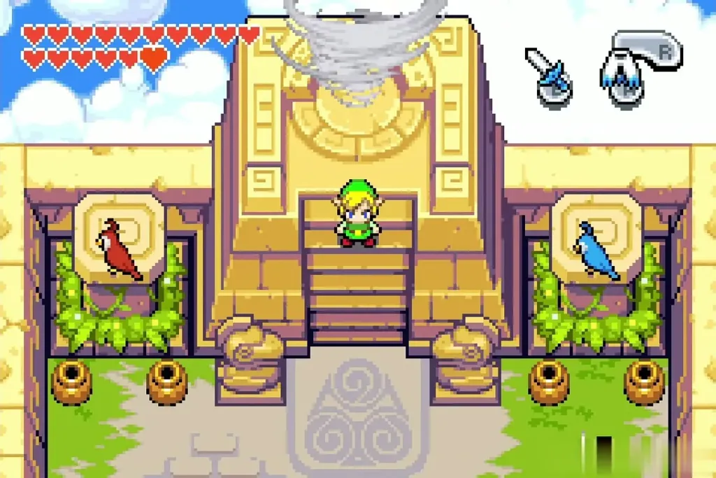 Link standing before the Wind Tribe tower altar and its Elements