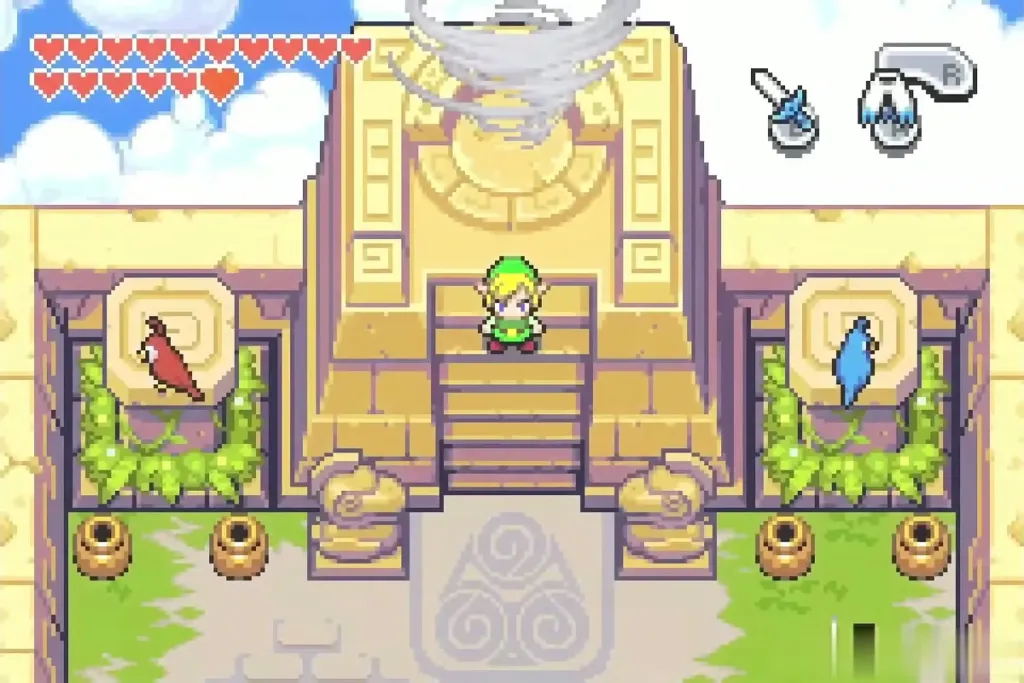 Link on the Wind Tribe tower altar steps with the Elements on their pedestals