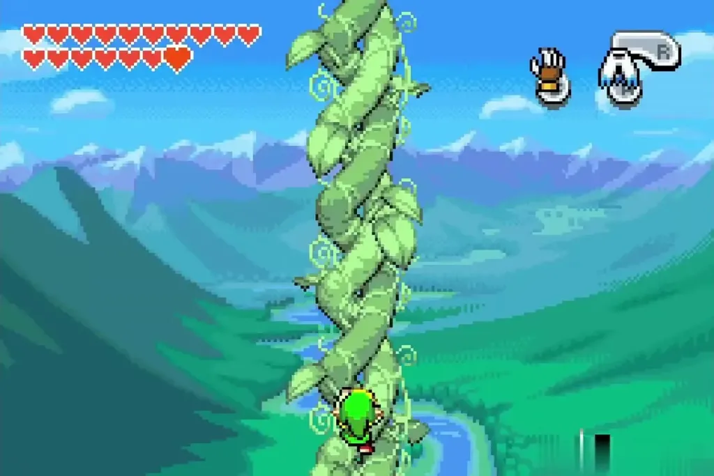 Link climbing the tall beanstalk above the Hyrule valley