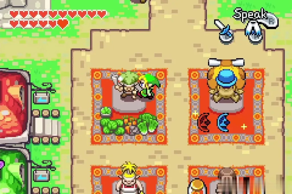 Link talking to Brocco at his stall in the Hyrule Town market