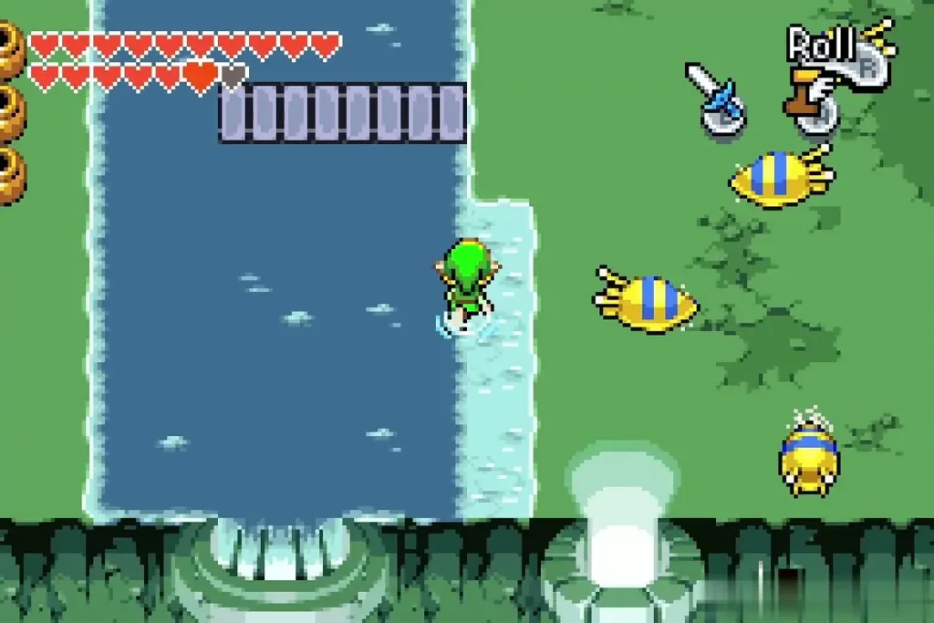 Link swimming in the underground river past a swarm of bees