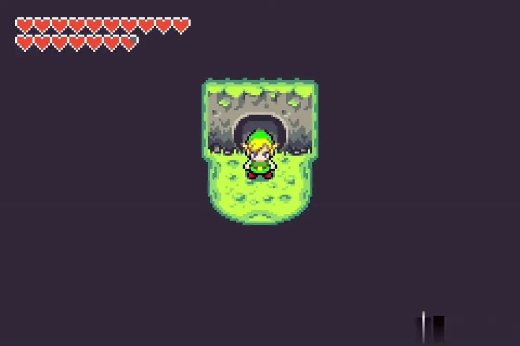 Link standing at the cave exit before reaching the stream side