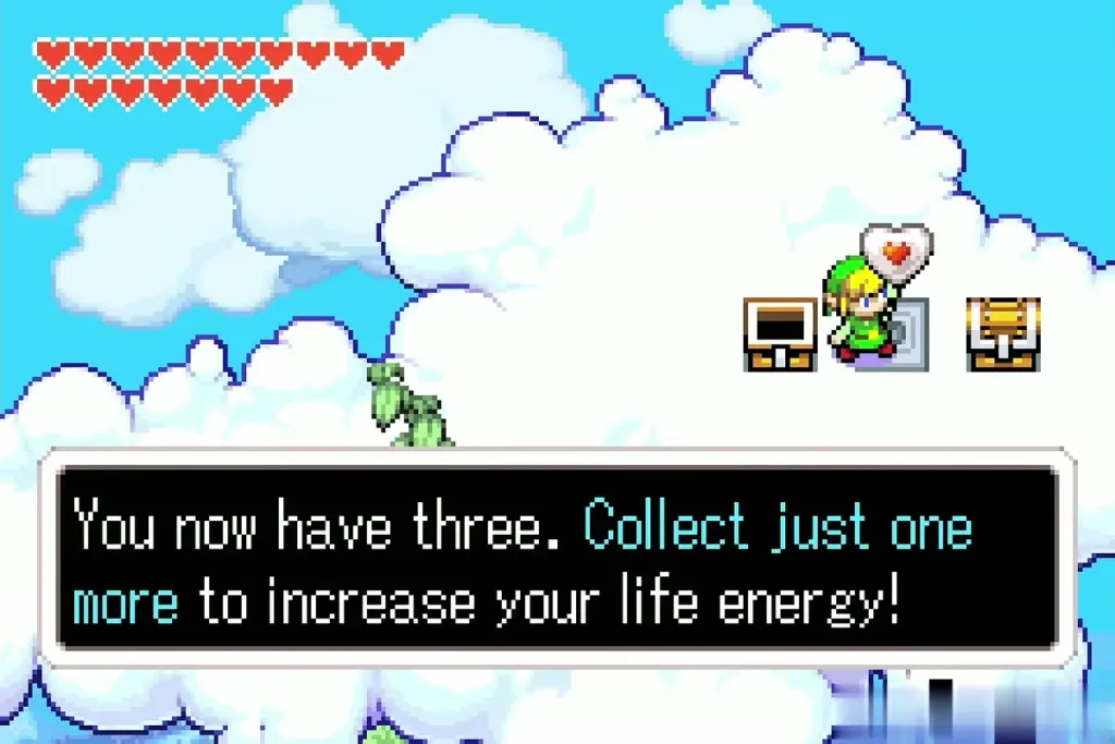 Link holding the Piece of Heart: You now have three, collect just one more