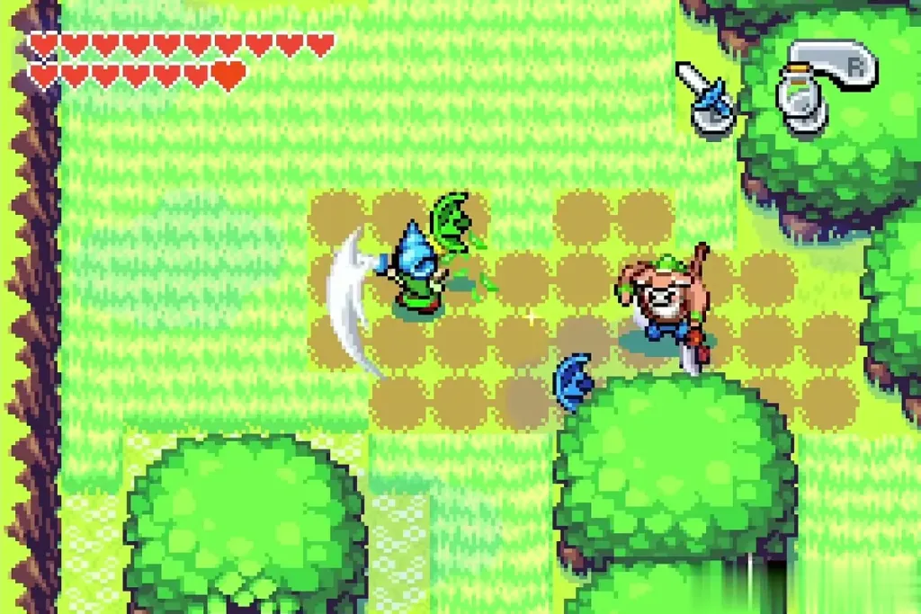 Link spin-cutting grass while blue and green Kinstone pieces pop out