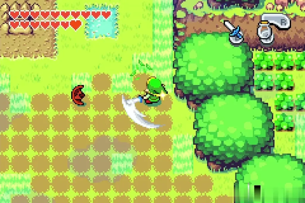 Link cutting grass with a red Kinstone piece lying nearby