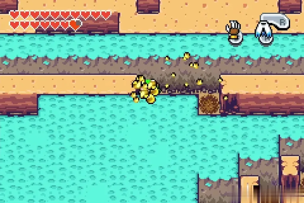 Link digging through the Mole Mitts cave with golden dirt flying