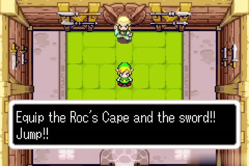 Swiftblade says to equip Roc's Cape and the sword, then jump