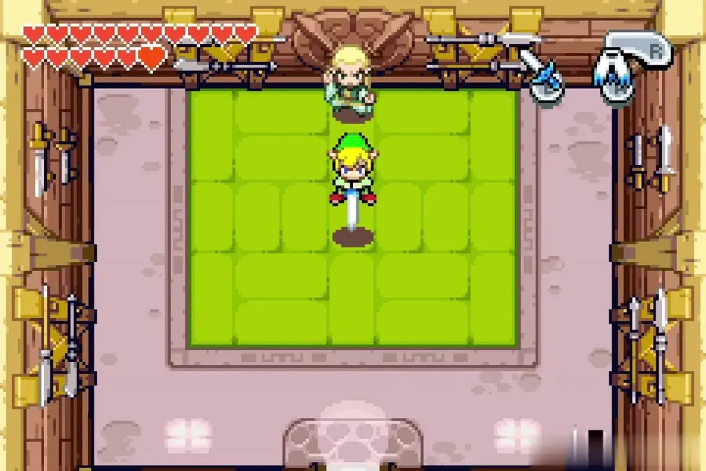 Link thrusting his sword straight down in mid-jump in the dojo