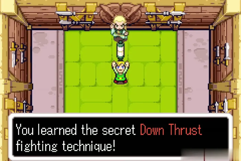Link holding up the Down Thrust scroll: You learned the secret Down Thrust fighting technique