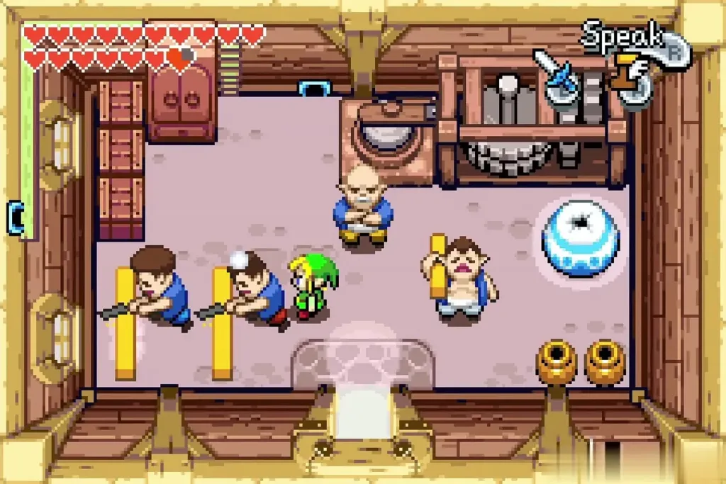 Link beside Doyle in the carpenters' house