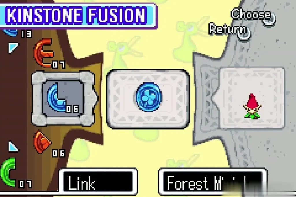 Kinstone Fusion screen with the blue Kinstone piece joined with the Forest Minish