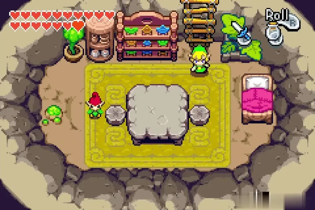 Link inside the Forest Minish's house beneath the lake crack