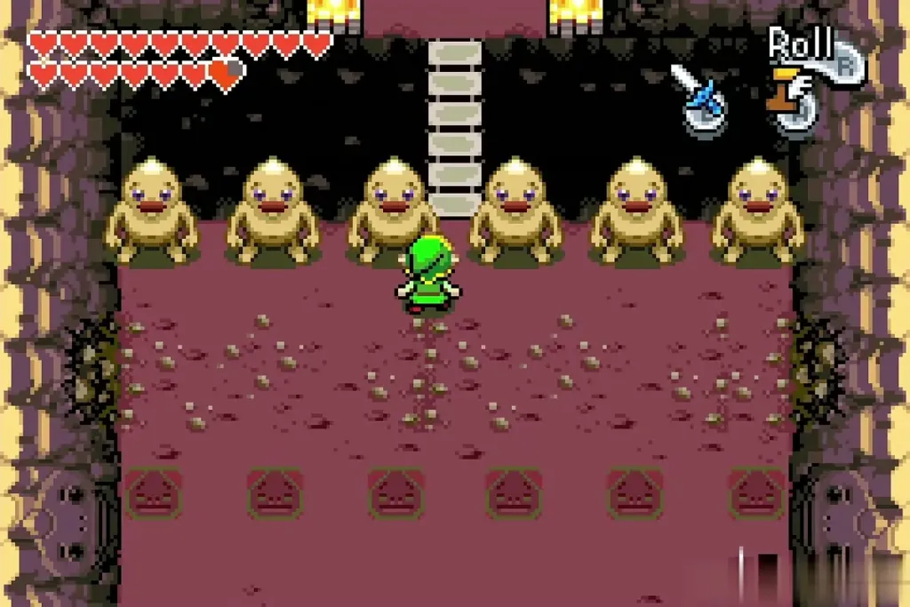 Link walking past the six Gorons toward the ladder in the Goron Cave