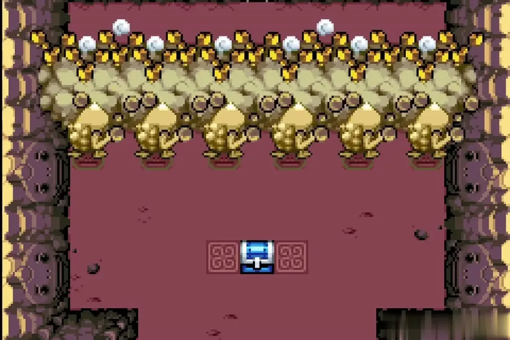 All six Gorons smashing the wall with rocks flying