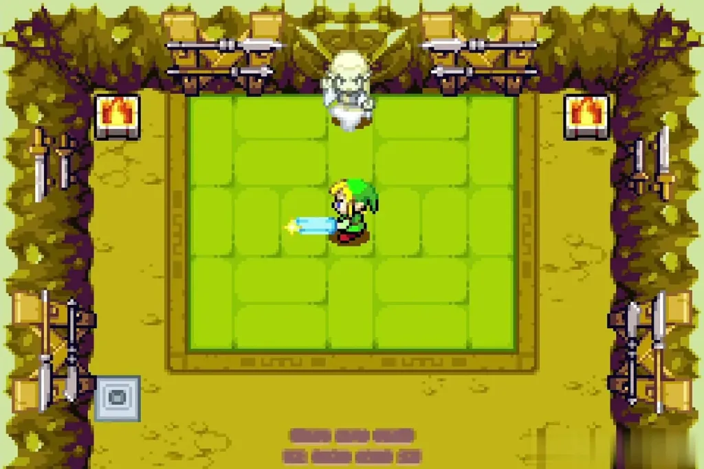 Link charging his sword for a Spin Attack in the dojo