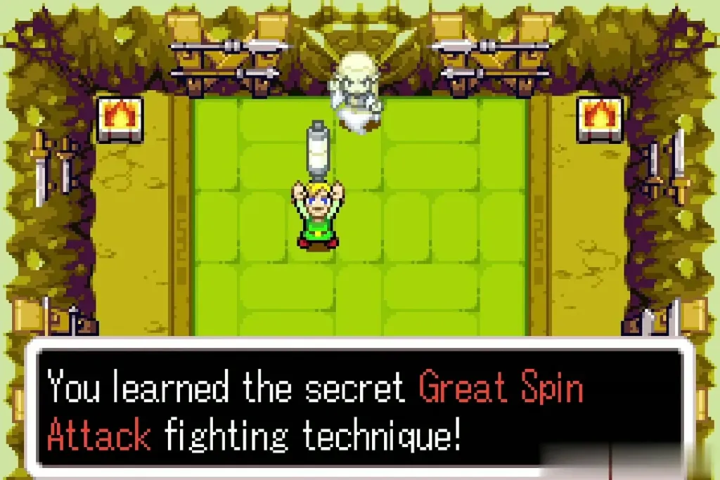 Link holding up the scroll: You learned the secret Great Spin Attack fighting technique
