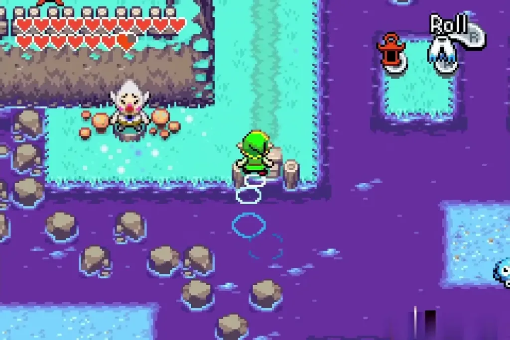Link at the edge of the shore with rocks and gaps before the island