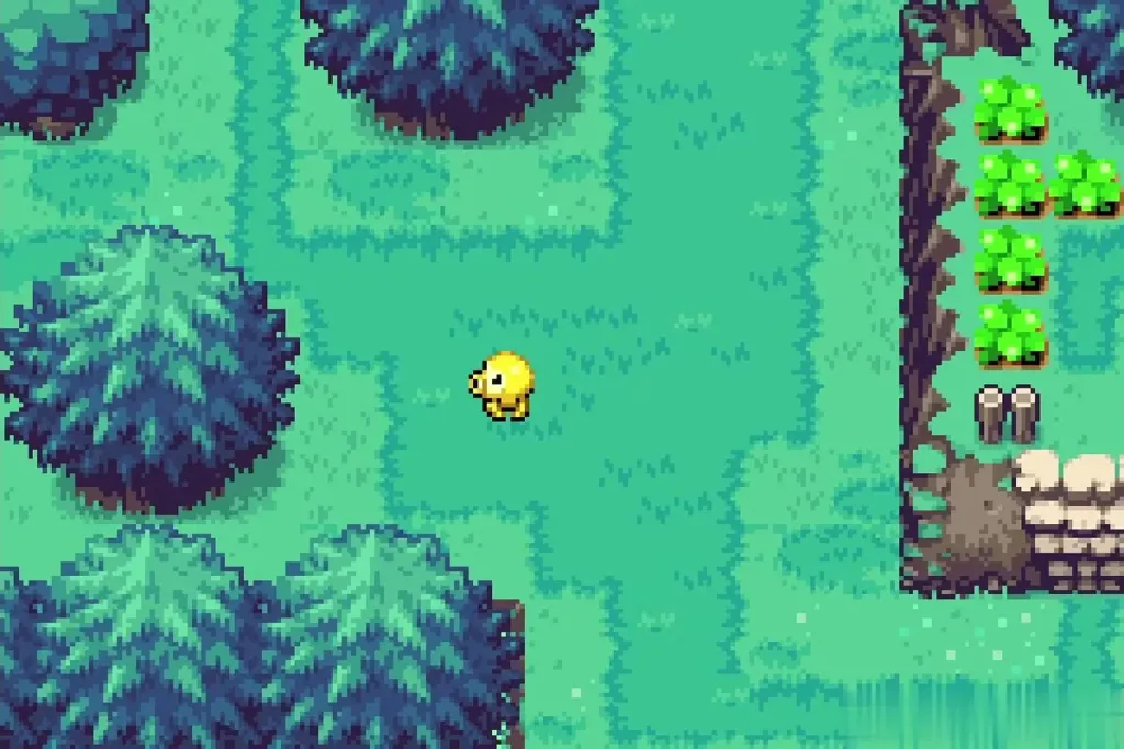 A yellow chick standing in the Minish Woods clearing after the fusion