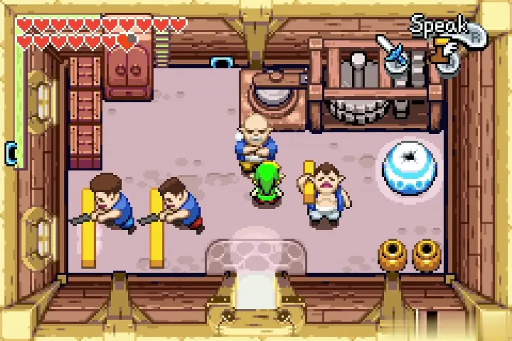 Link talking to Mutoh inside the carpenters' house