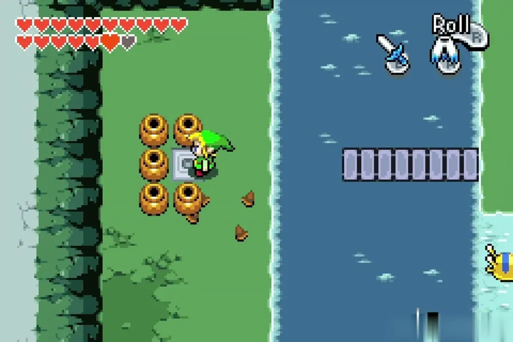Link reaching the pedestal on the far bank beside the pots