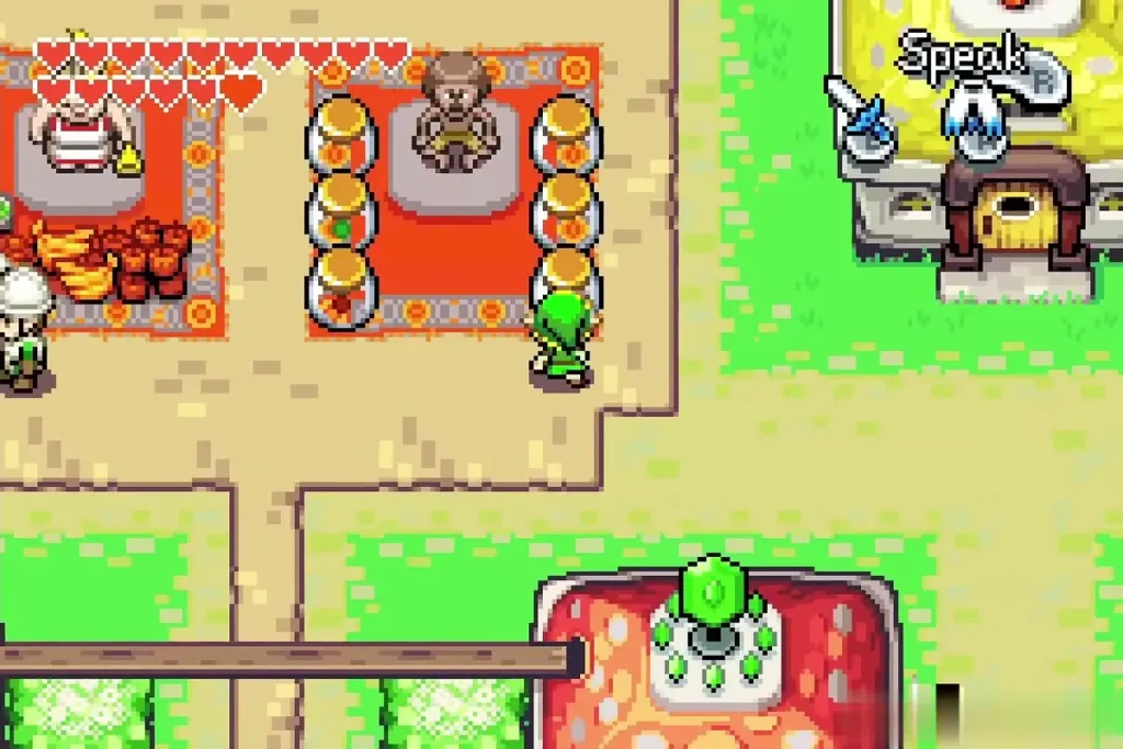 Link walking toward the Picolyte seller in the Hyrule Town market