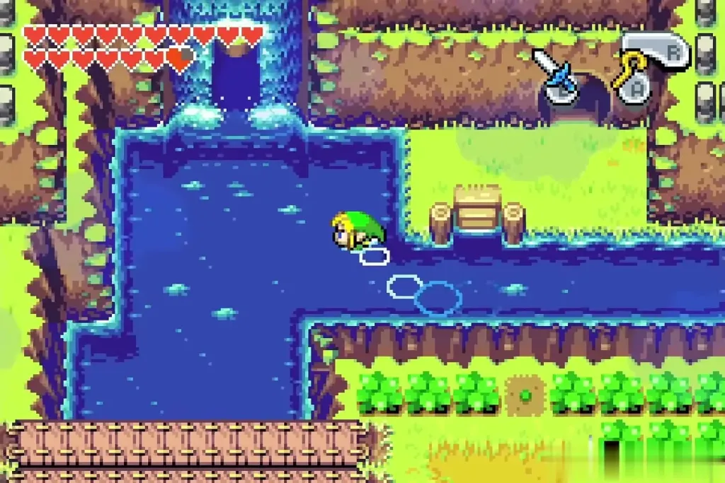 Link swimming toward the waterfall that leads to Greatblade's dojo