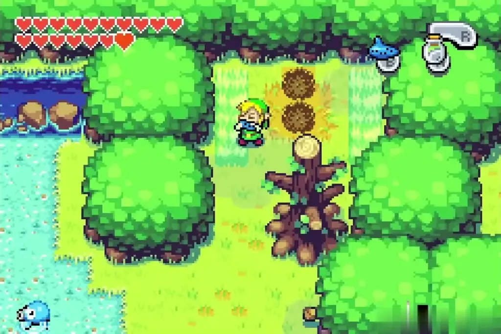Link beside the trunk with the dirt patch dug up and Rupees collected
