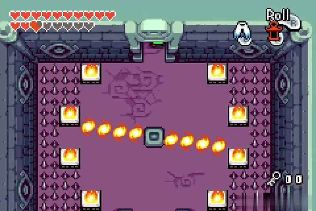 All torches lit above the spike floor with a fire bar All torches lit above the spike floor with a fire bar