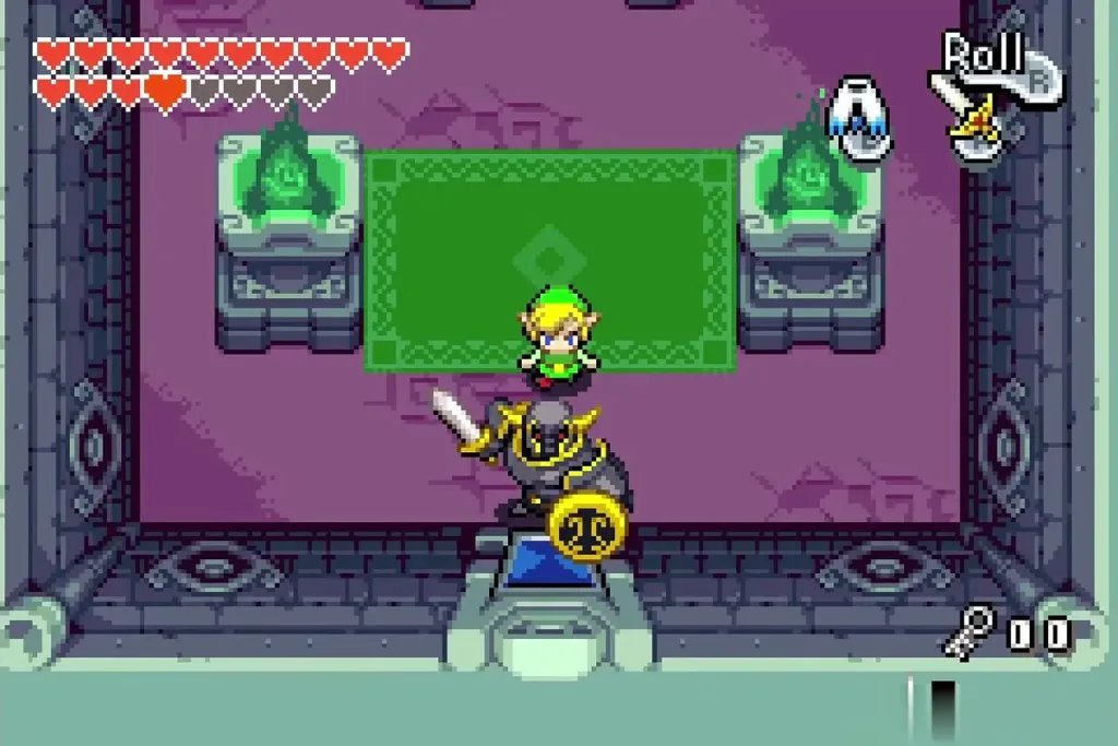 Link fighting the black Darknut in the carpeted hall Link fighting the black Darknut in the carpeted hall