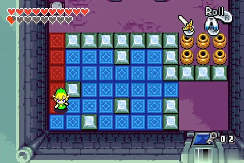 Link pushing blocks across the blue and red tile floor Link pushing blocks across the blue and red tile floor