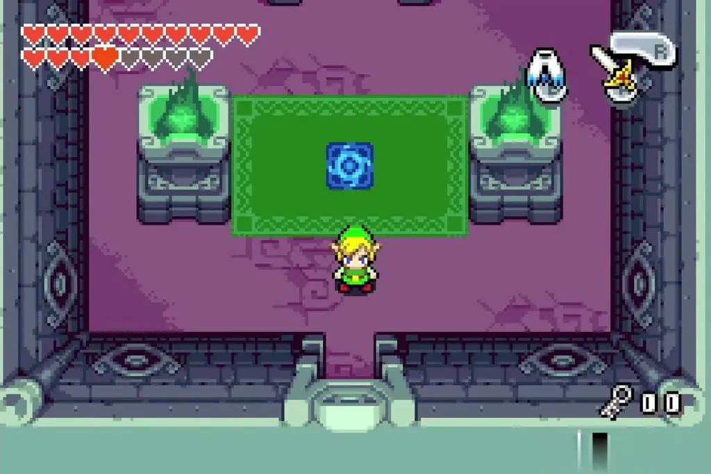 A blue warp tile left on the carpet after the black Darknut falls A blue warp tile left on the carpet after the black Darknut falls