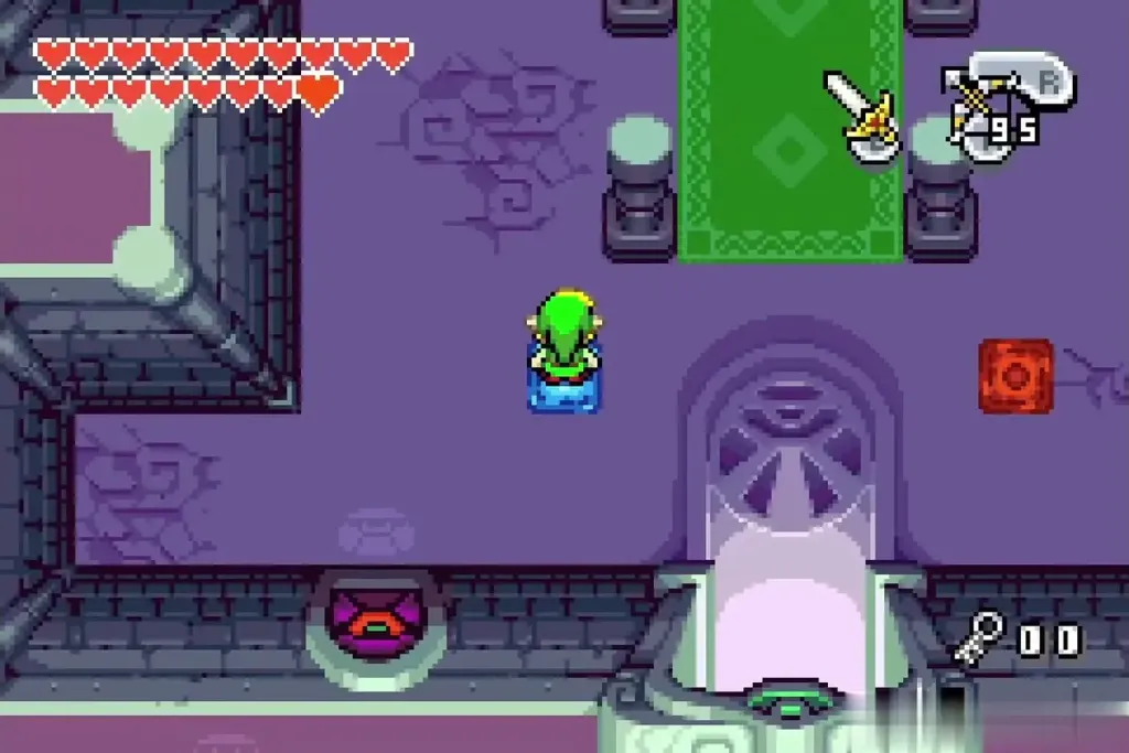 Link standing on the blue warp tile in the tower Link standing on the blue warp tile in the tower