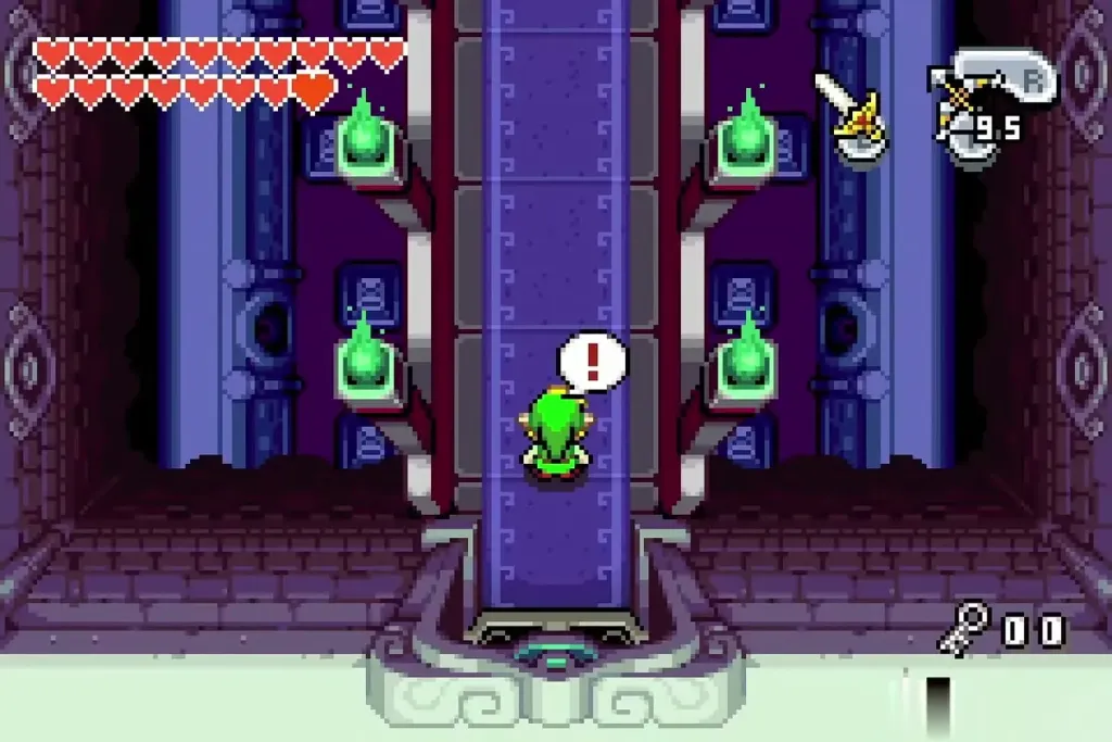 Link at the foot of the long purple corridor to the boss door Link at the foot of the long purple corridor to the boss door