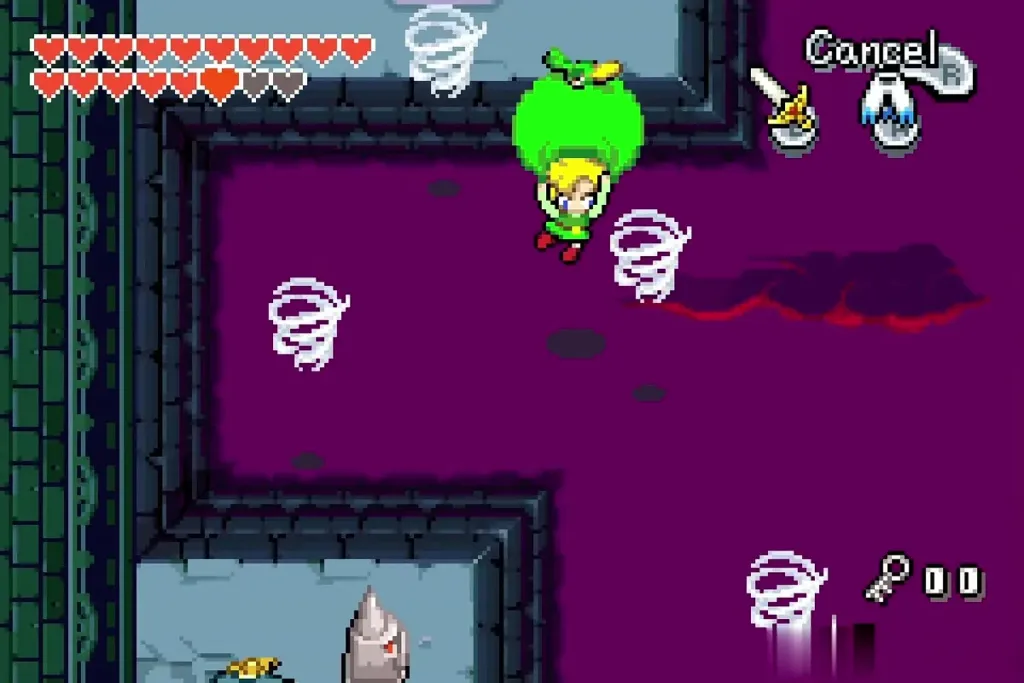 Link gliding with Roc's Cape over the dark abyss and whirlwinds Link gliding with Roc's Cape over the dark abyss and whirlwinds