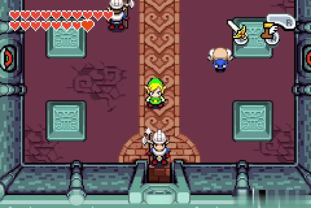 Link in the carpeted castle hall with guards, heading for the way down Link in the carpeted castle hall with guards, heading for the way down