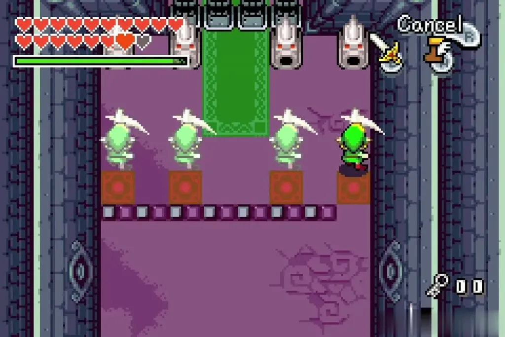Link and three clones lined up on the glowing floor slabs Link and three clones lined up on the glowing floor slabs