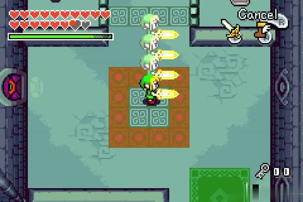 Link and clones with swords out on the orange slabs Link and clones with swords out on the orange slabs