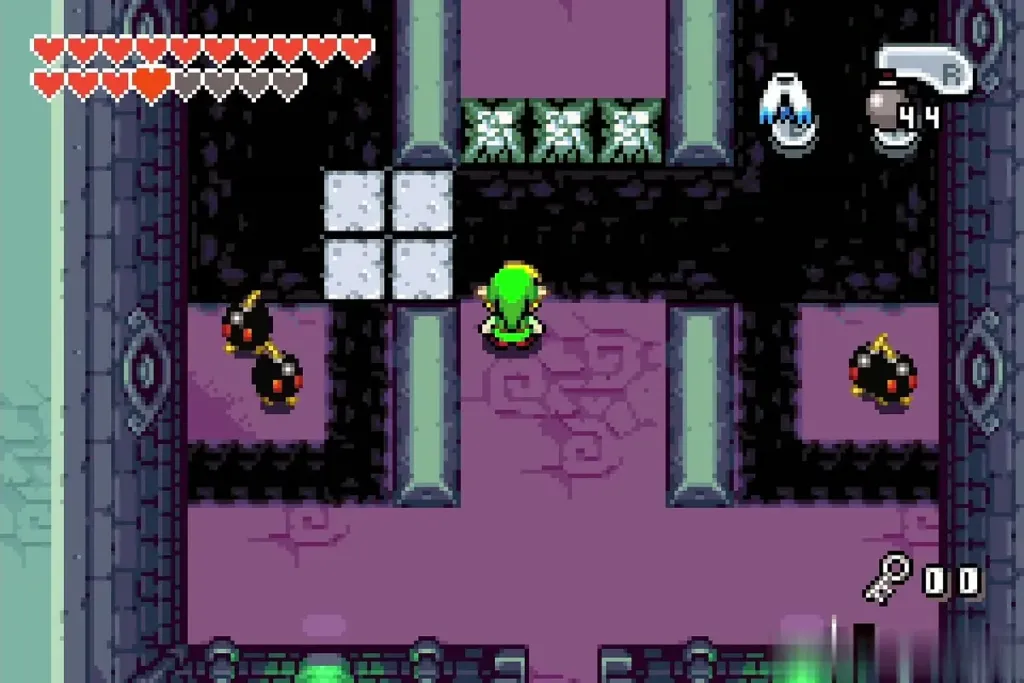 Dark room with cracked blocks and bombs ahead of Link Dark room with cracked blocks and bombs ahead of Link