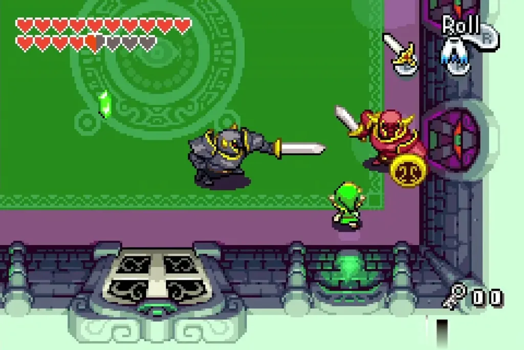Link backed against the wall facing a black and a red Darknut Link backed against the wall facing a black and a red Darknut