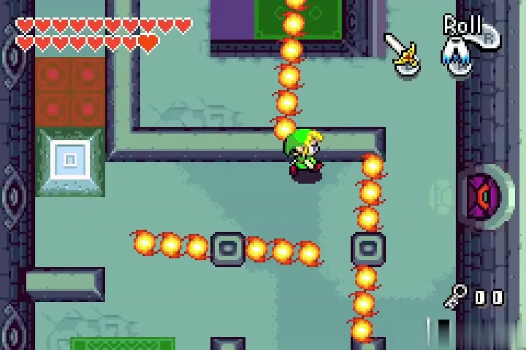 Link crossing a corridor of rotating fire bars Link crossing a corridor of rotating fire bars
