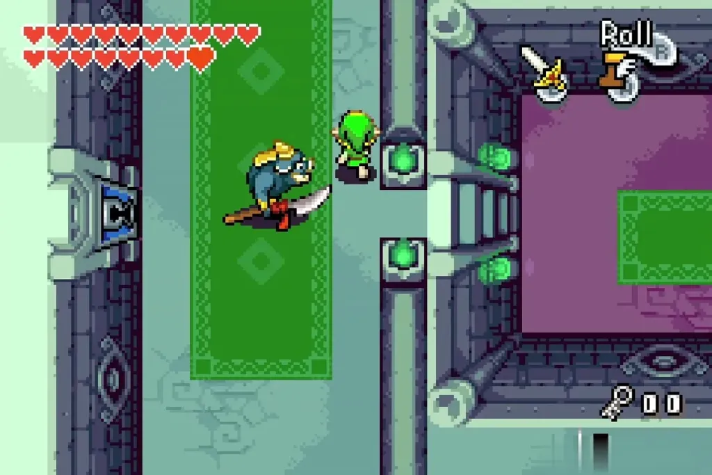 Link beside a Moblin in the green carpeted hall at the dungeon start Link beside a Moblin in the green carpeted hall at the dungeon start