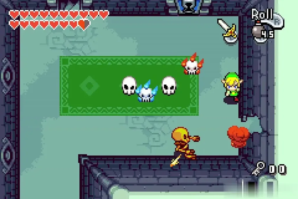 Link beside a Stalfos and skulls on the carpet in the hall Link beside a Stalfos and skulls on the carpet in the hall