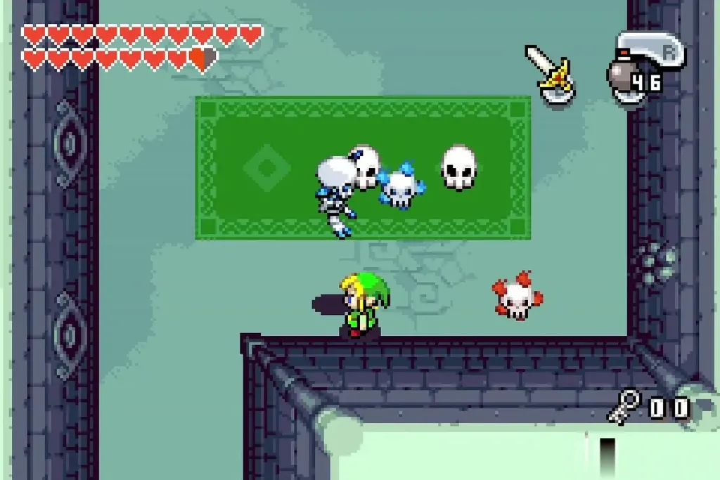 Link facing a Stalfos and skulls on the carpet Link facing a Stalfos and skulls on the carpet
