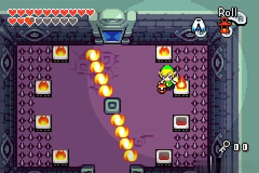 Link lighting torches with the Flame Lantern on a spike floor Link lighting torches with the Flame Lantern on a spike floor
