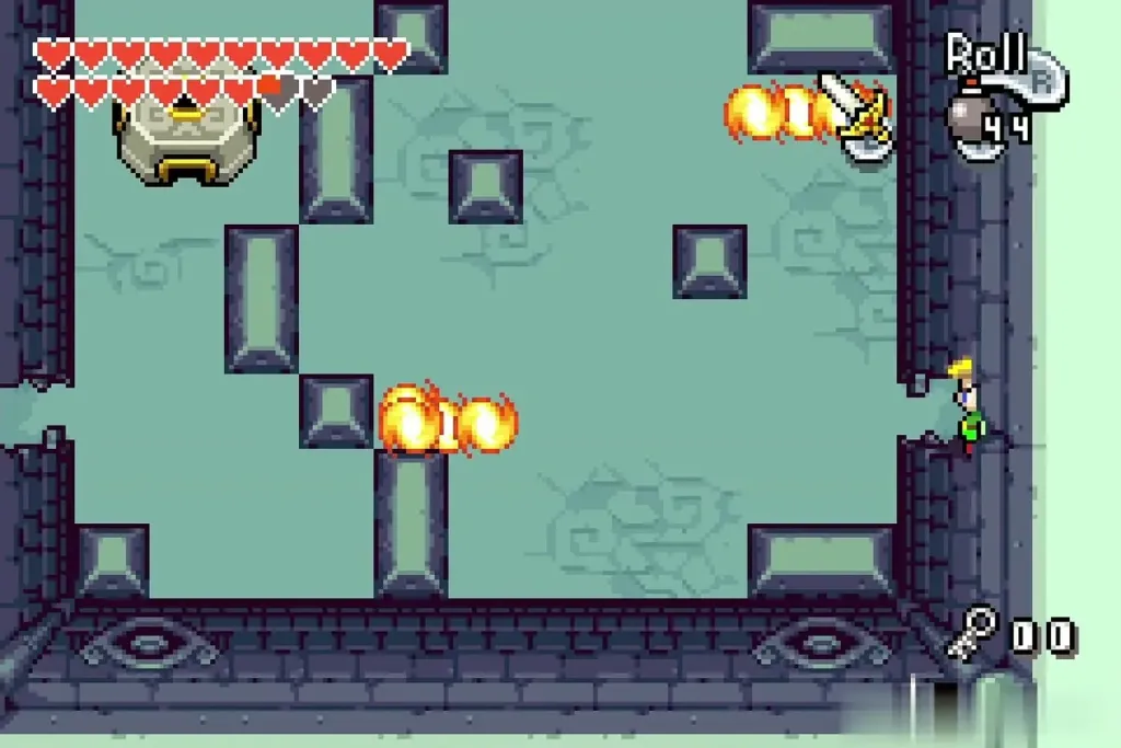 Link at the edge of a hall of flame rows Link at the edge of a hall of flame rows