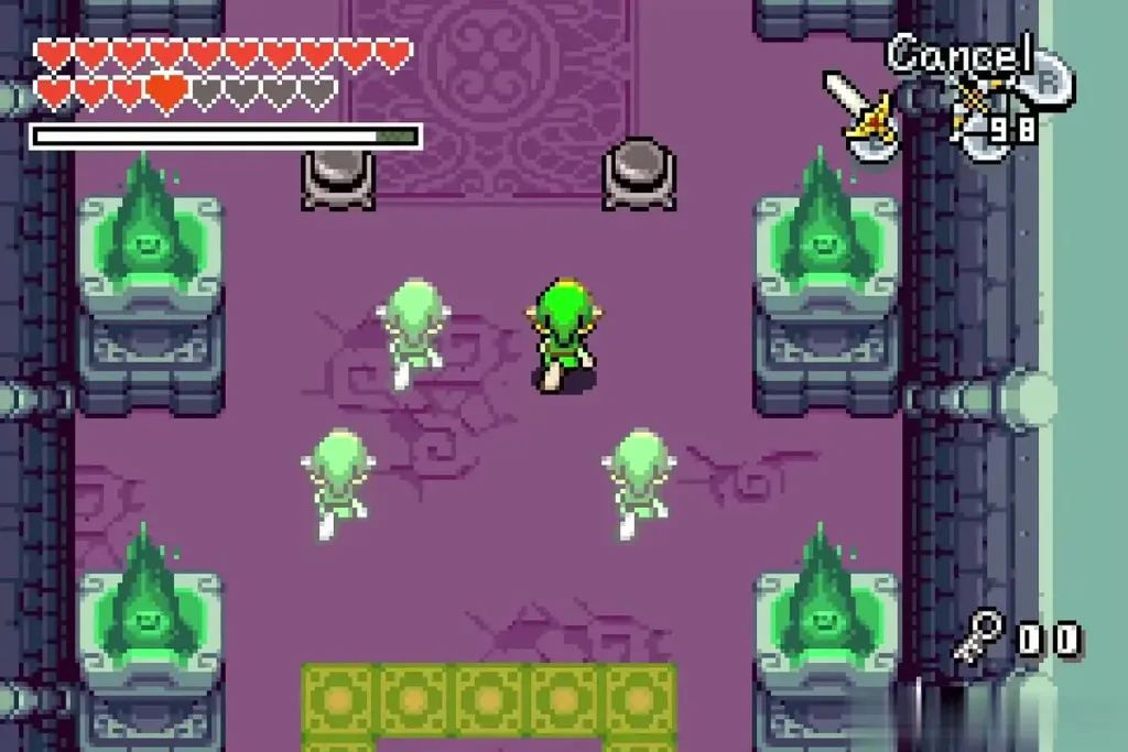 Link and three clones spreading out toward four floor buttons Link and three clones spreading out toward four floor buttons