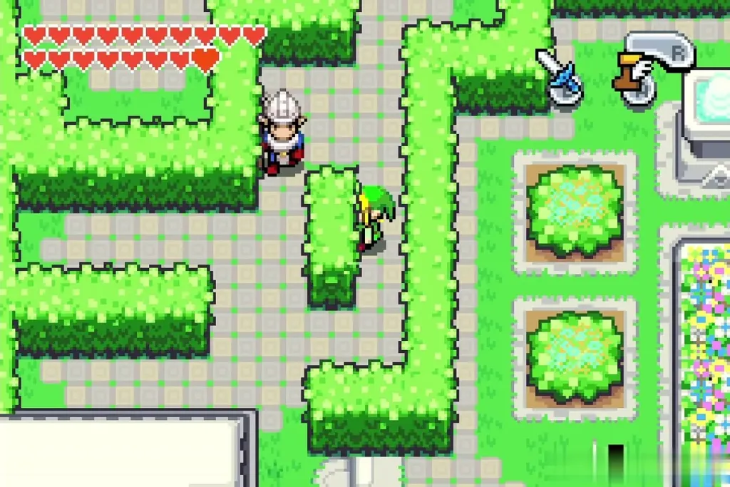 Link sneaking along the hedges past a castle guard Link sneaking along the hedges past a castle guard